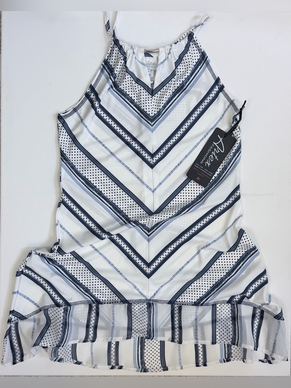 Sleeveless White & Navy Chevron Midi Hi-Lo Dress w/choker tunnel neckline Small